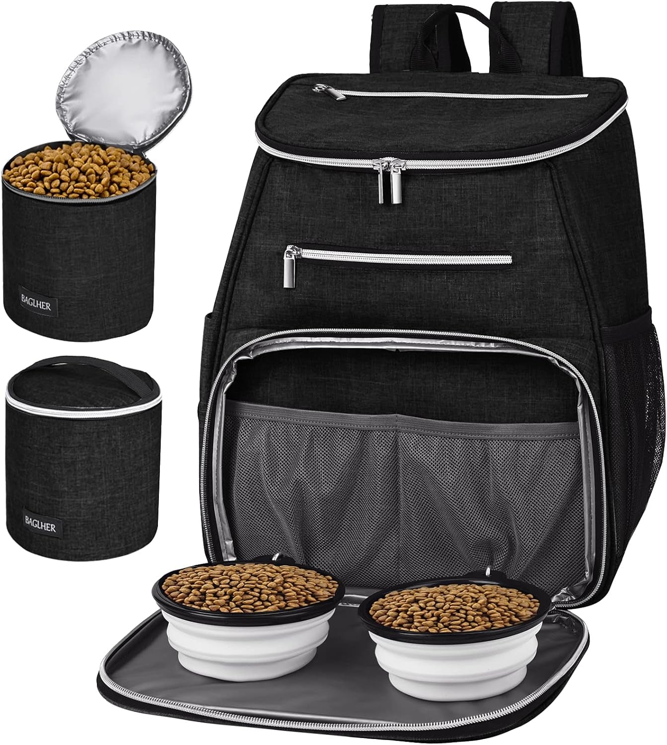 丨Dog Travel Bag Backpack, Airline Approved Pet Supplies Backpack, Dog Travel Backpack with 2 Silicone Collapsible Bowls and 2 Food Baskets. Black