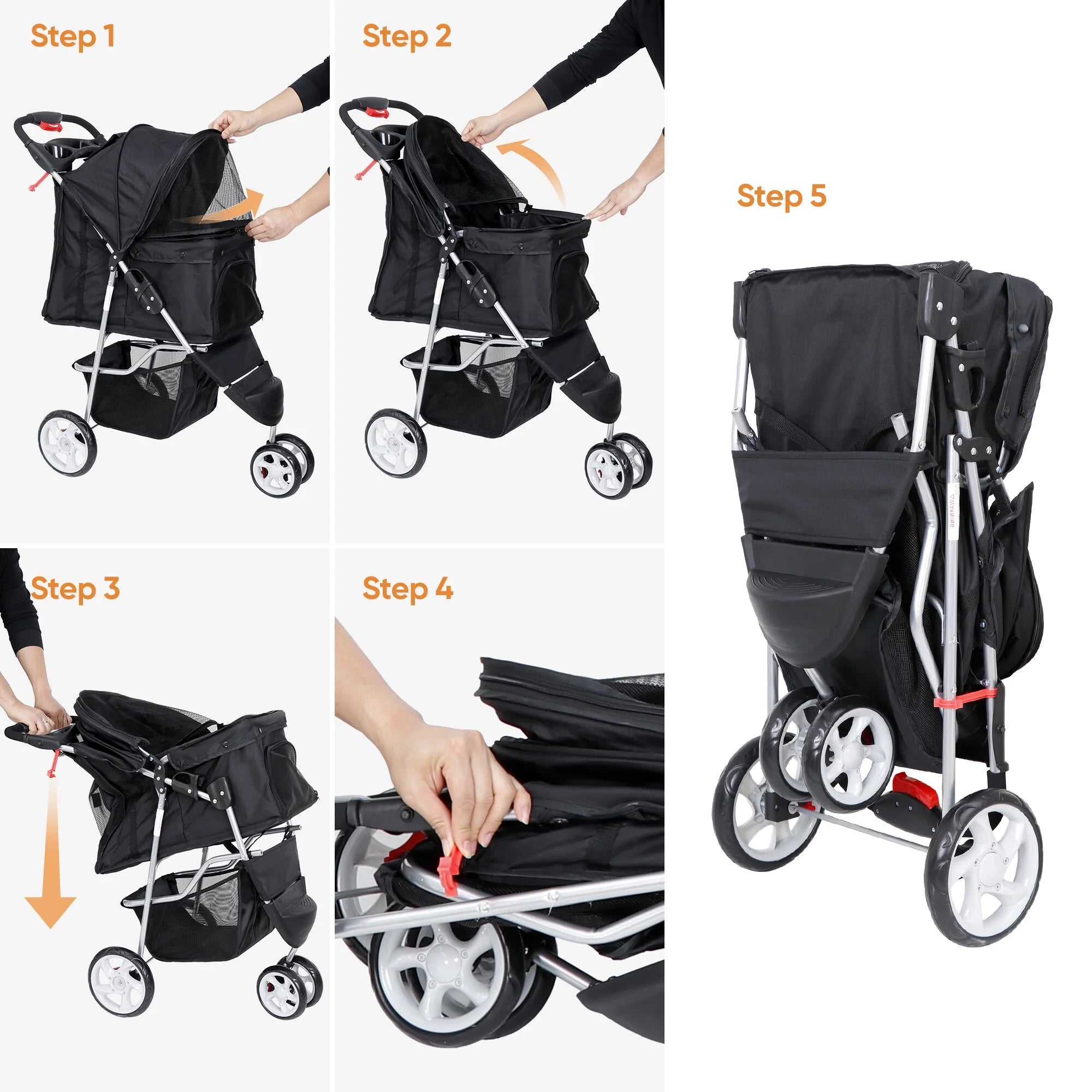 Foldable Dog Stroller 3 Wheels Pet Stroller for Dog / Cat Durable Travel Carrier with Storage Basket - Black