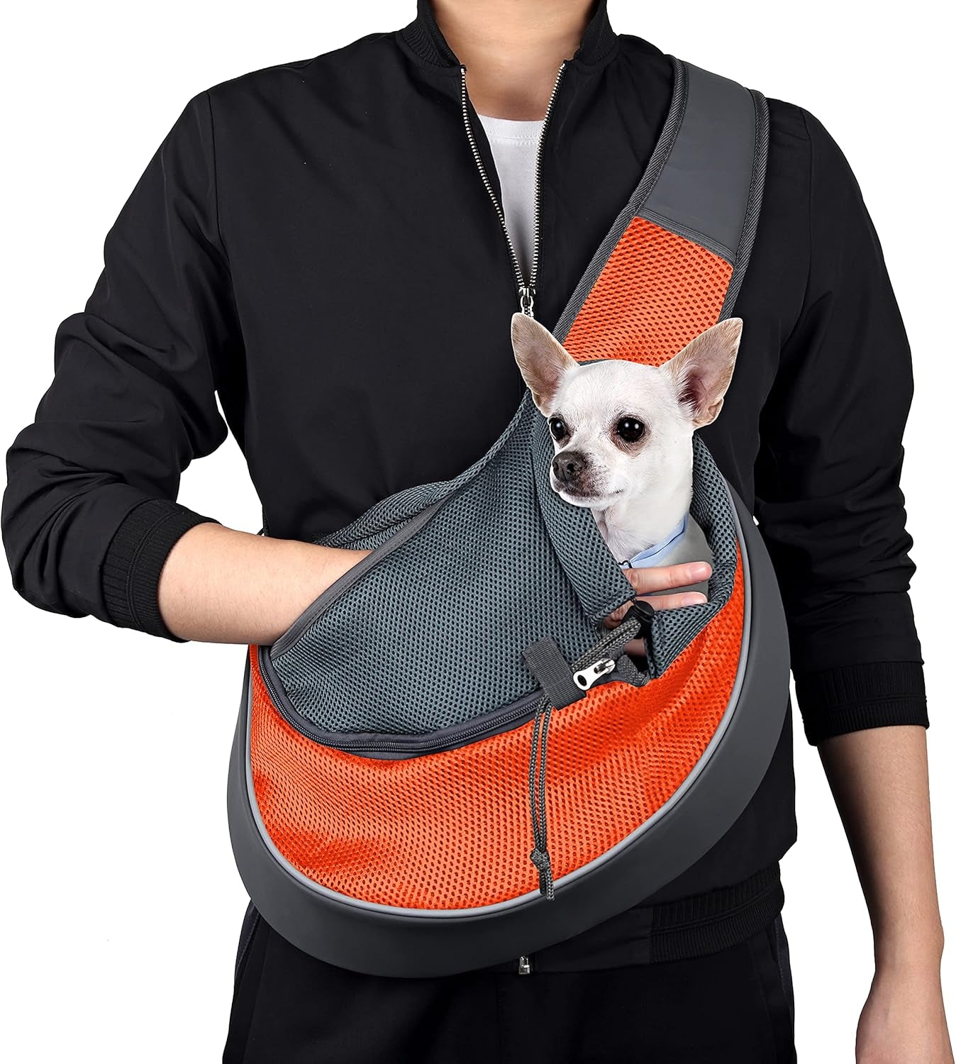 Pet Dog Sling Carrier Adjustable Strap, Zipper Opening Can Soothe Pets, Free Hands Puppy Sling Bag with Safety Leash, Small Dog Crossbody Bag for Outdoor Travel (M (Up to 10 Lbs),Orange)