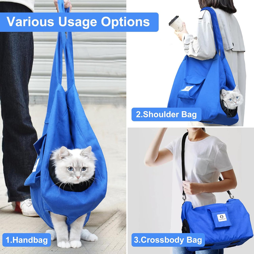 Cat Pouch Carrier Backpack - Blue Size M Soft Hand-Free Dog Travel Sling with Adjustable Harness and Storage Pocket - Suitable for 5-11 Lbs Pets