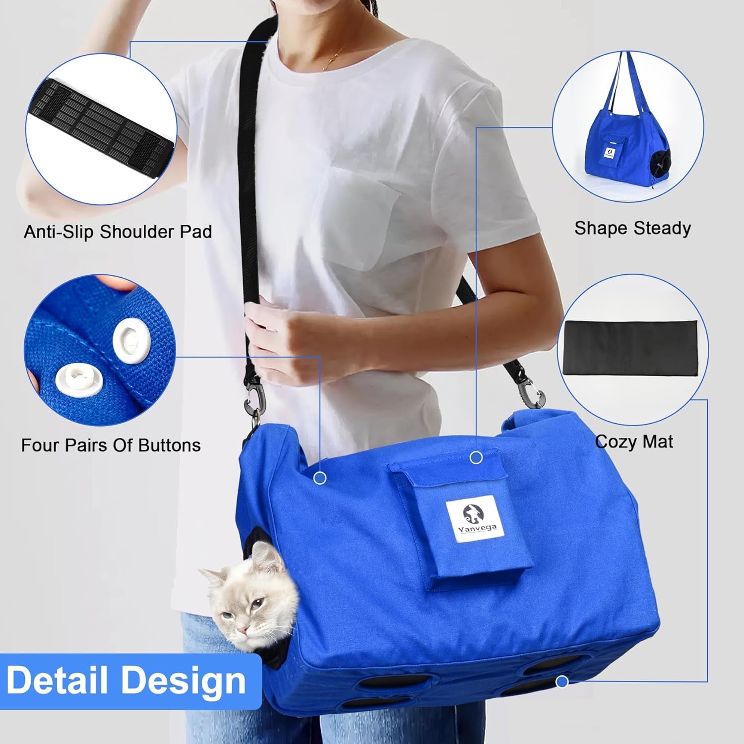 Cat Pouch Carrier Backpack - Blue Size M Soft Hand-Free Dog Travel Sling with Adjustable Harness and Storage Pocket - Suitable for 5-11 Lbs Pets