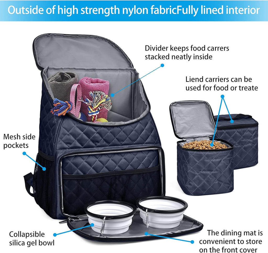 Dog Travel Bag,Airline Approved Pet Supplies Backpack, Dog Travel Backpack with 2 Silicone Collapsible Bowls and 2 Food Baskets.