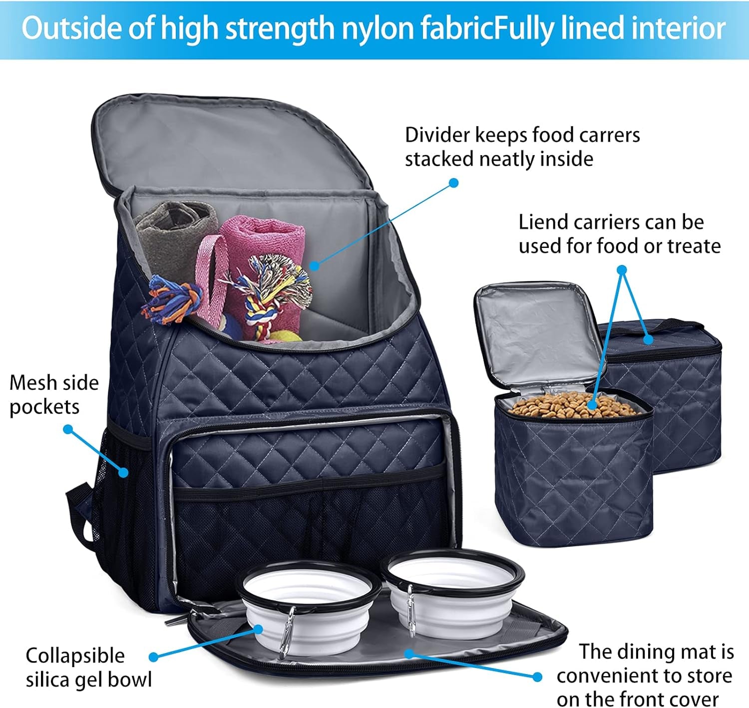 Dog Travel Bag,Airline Approved Pet Supplies Backpack, Dog Travel Backpack with 2 Silicone Collapsible Bowls and 2 Food Baskets.