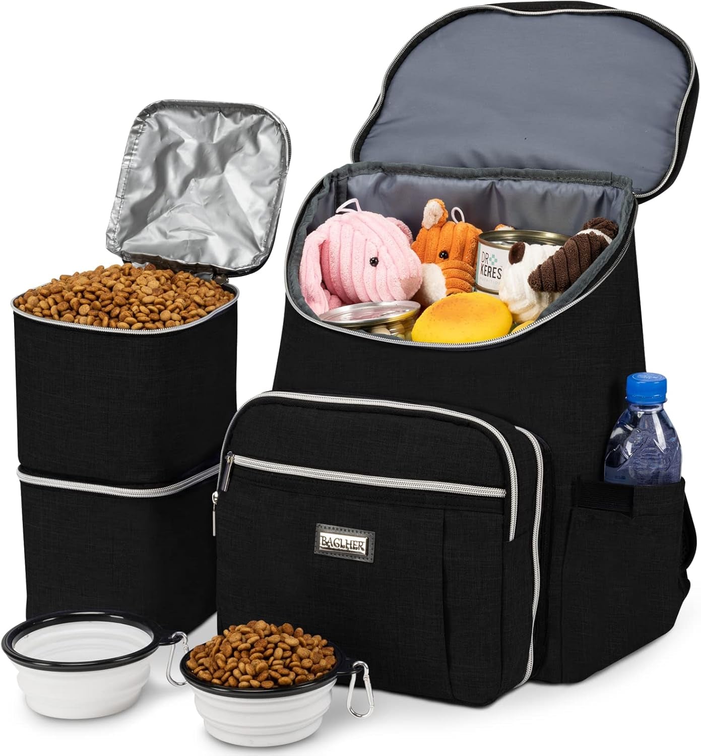Travel Dog Backpack - Detachable Travel Dog Food Container for Pet Supplies Dog Gear Backpack,Dog Bag for Traveling with 2 Silicone Collapsible Bowls and 2 Food Baskets Grey