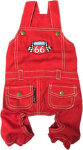 Denim Overall - Embroidered “ Route 66 “ Red Dog Jumpsuit - Breathable Dog Costume - Machine Washable Dog Outfit - Dog Overalls for Small Dogs - S