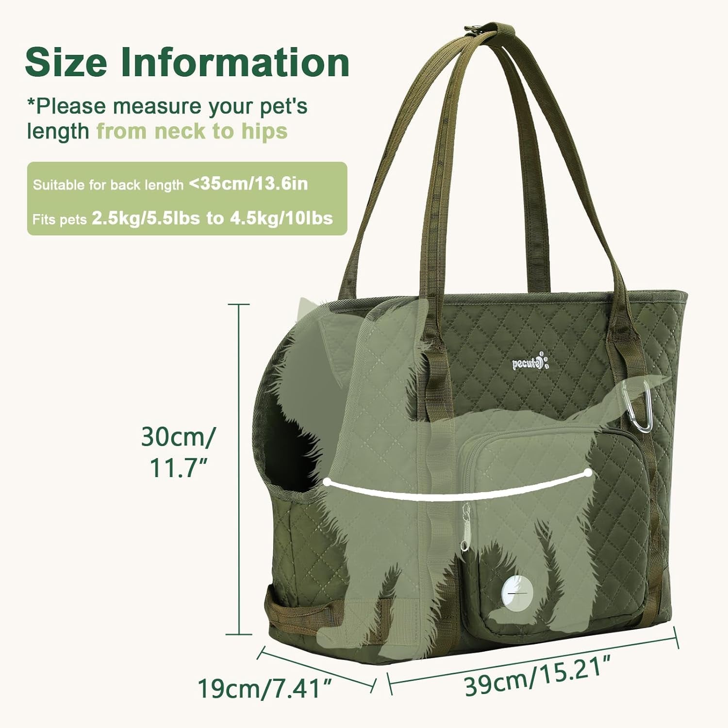 Dog Purse Carrier, Dog Carrier with Pockets for Small Dogs, Fits Dogs 5.5 Lbs to 11 Lbs, Cat and Puppies Tote Bag, Outing, Travel, Vet, Green