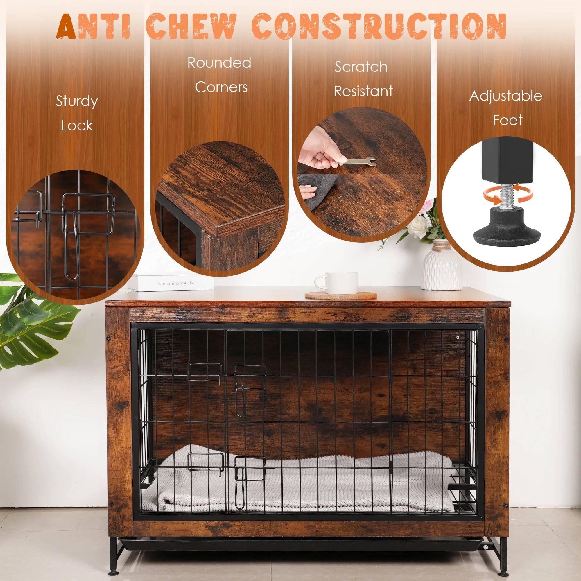 Dog Crate Furniture Kennel, Medium/Large Dog 38.5 Inch Doble Dog Crate with Storage Drawers, Modern Side End Table Indoor Wooden Dog House Heavy Duty for Brown