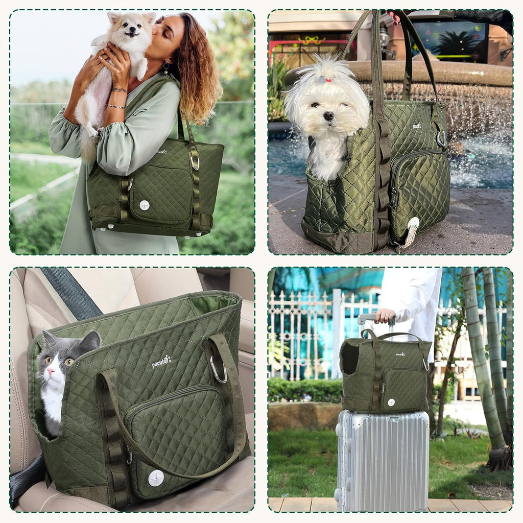 Dog Purse Carrier, Dog Carrier with Pockets for Small Dogs, Fits Dogs 5.5 Lbs to 11 Lbs, Cat and Puppies Tote Bag, Outing, Travel, Vet, Green