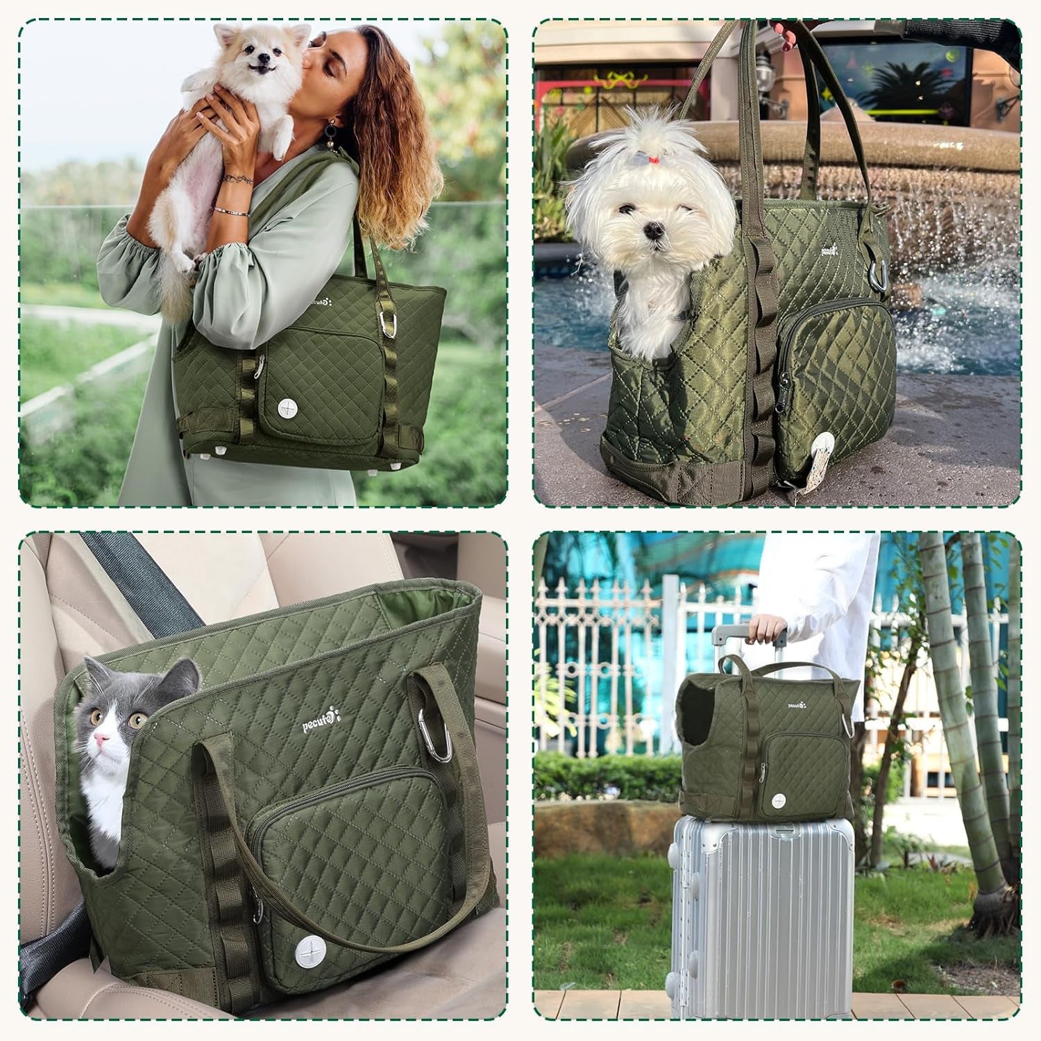 Dog Purse Carrier, Dog Carrier with Pockets for Small Dogs, Fits Dogs 5.5 Lbs to 11 Lbs, Cat and Puppies Tote Bag, Outing, Travel, Vet, Green