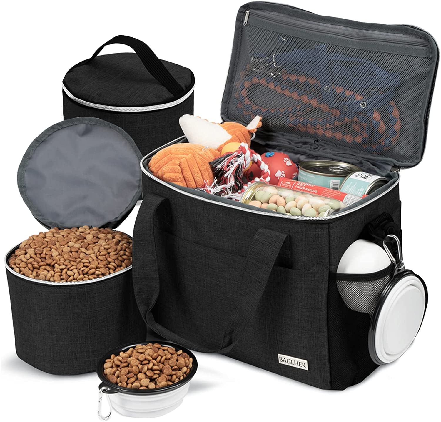 Dog Travel Bag for Supplies - Double-Layer Airline Approved Weekend Pet Travel Organizer Set for Dog and Cat Tote with 2 Pet Food Containers and 2 Collapsible Silicone Bowls Grey