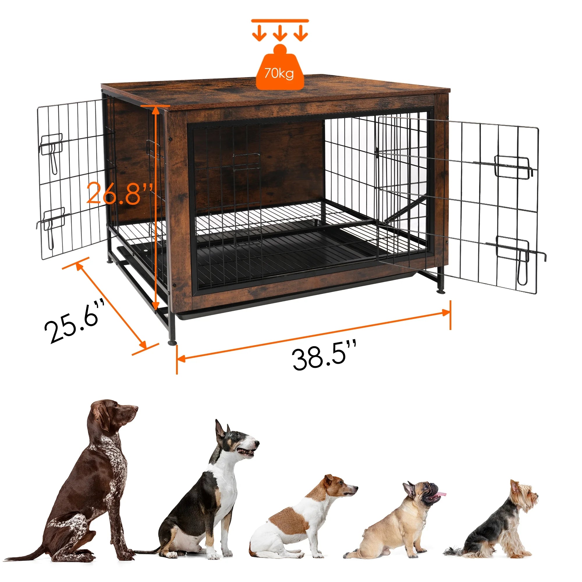 Dog Crate Furniture Kennel, Medium/Large Dog 38.5 Inch Doble Dog Crate with Storage Drawers, Modern Side End Table Indoor Wooden Dog House Heavy Duty for Brown