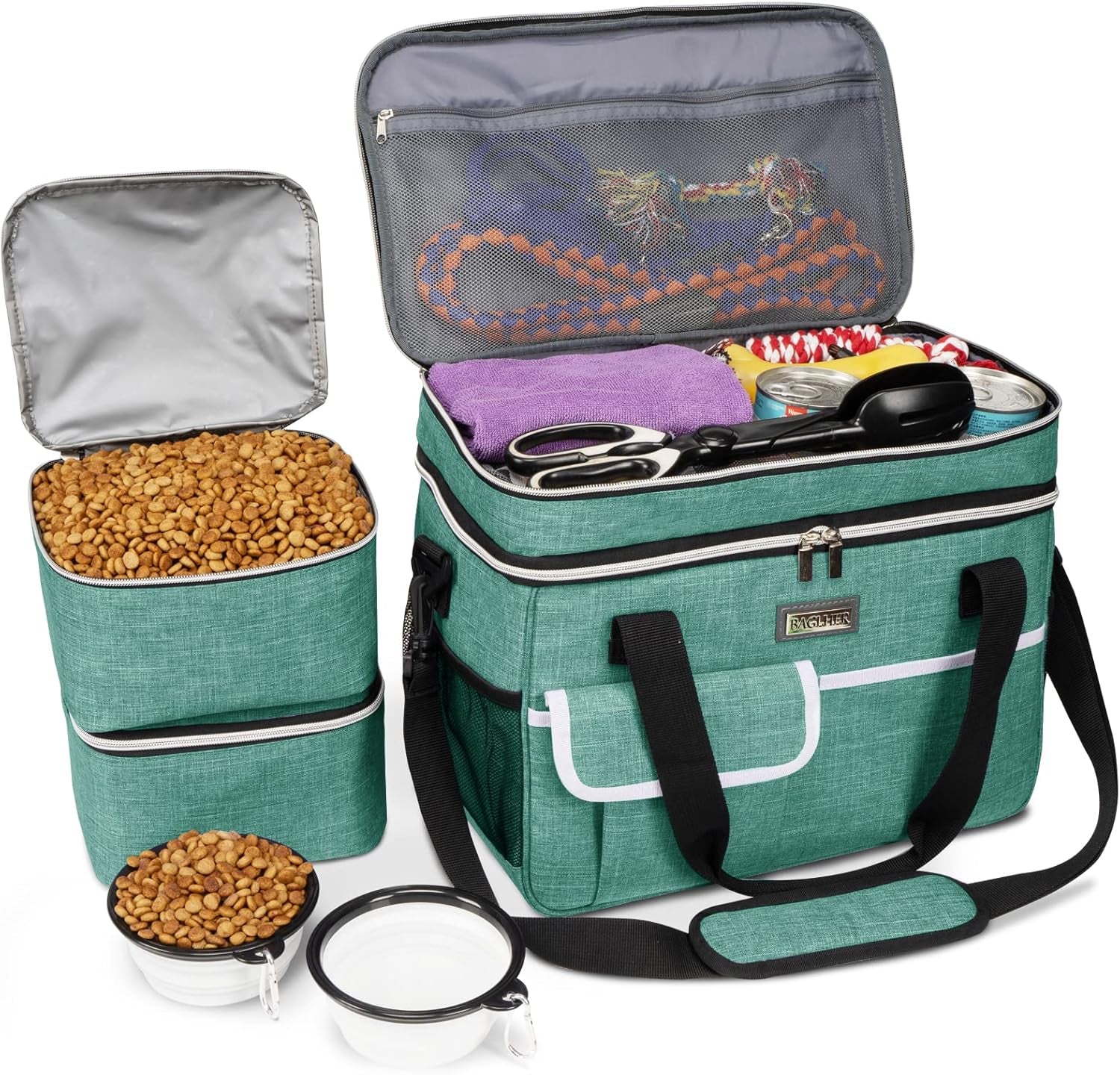 Dog Travel Bag for Supplies - Double-Layer Airline Approved Weekend Pet Travel Organizer Set for Dog and Cat Tote with 2 Pet Food Containers and 2 Collapsible Silicone Bowls Grey