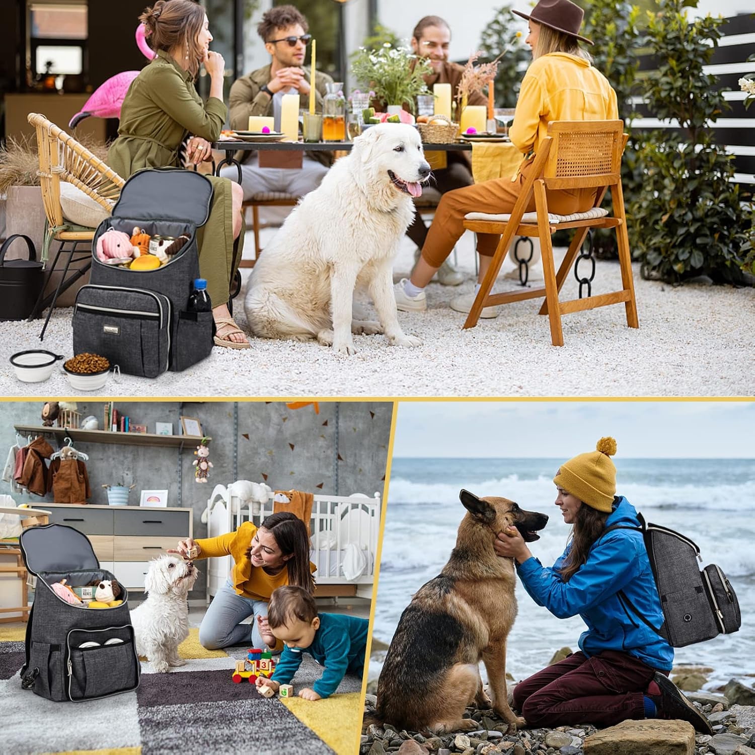Travel Dog Backpack - Detachable Travel Dog Food Container for Pet Supplies Dog Gear Backpack,Dog Bag for Traveling with 2 Silicone Collapsible Bowls and 2 Food Baskets Grey