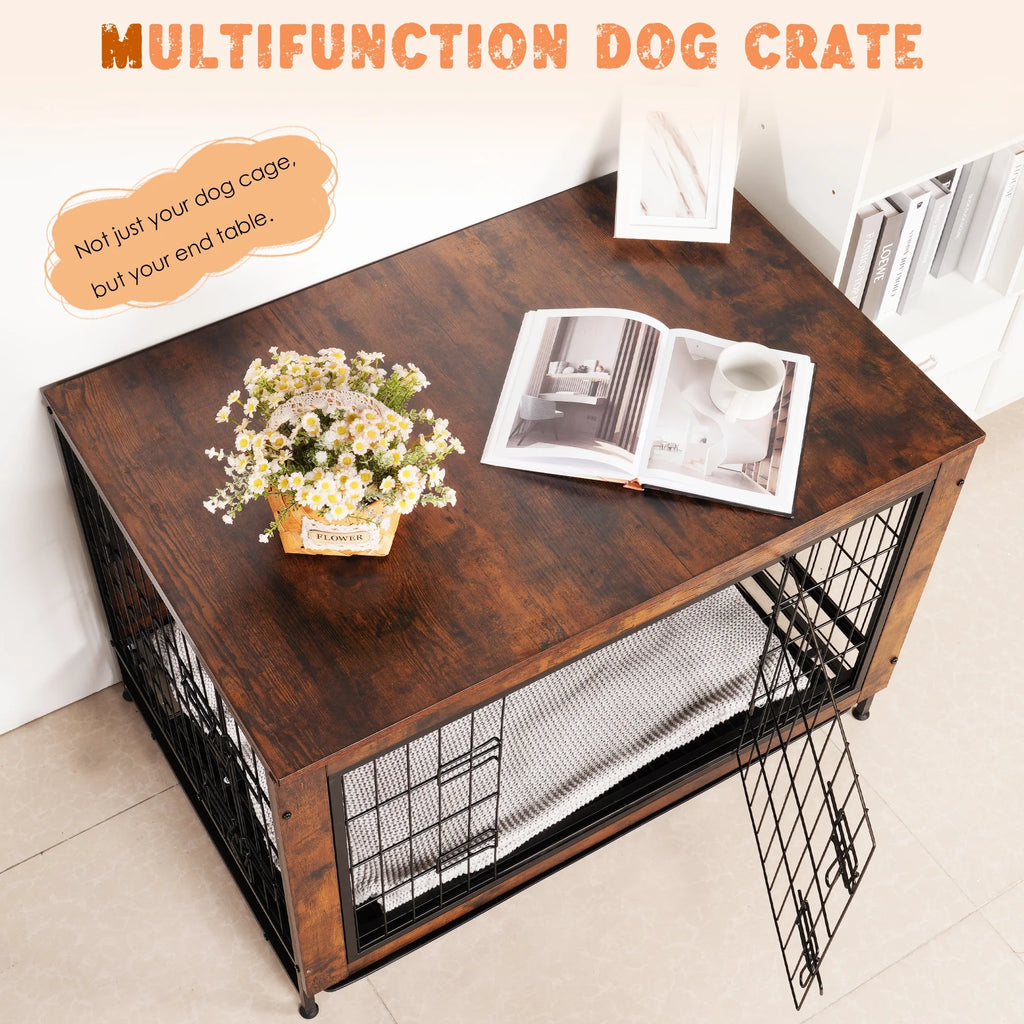 Dog Crate Furniture Kennel, Medium/Large Dog 38.5 Inch Doble Dog Crate with Storage Drawers, Modern Side End Table Indoor Wooden Dog House Heavy Duty for Brown