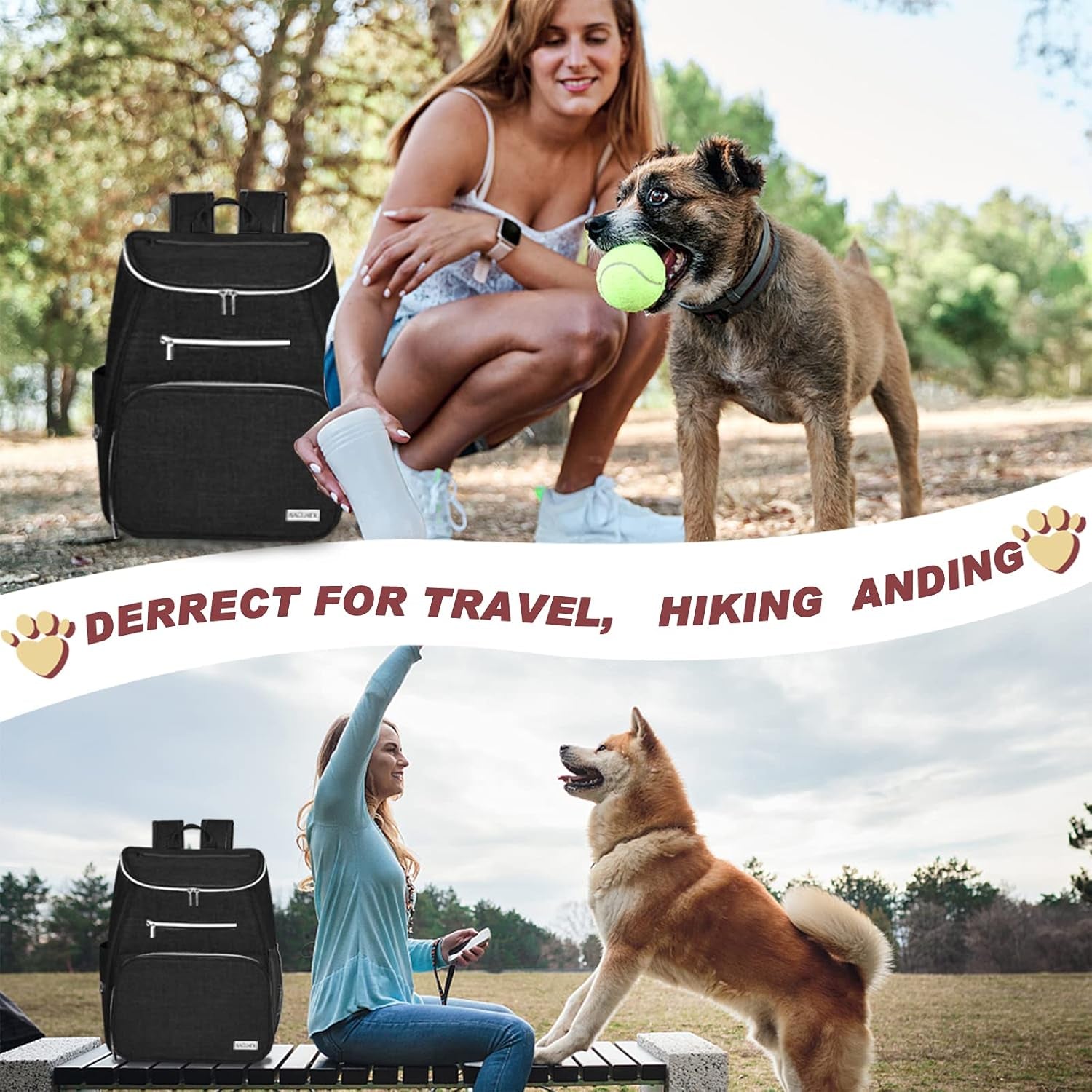 丨Dog Travel Bag Backpack, Airline Approved Pet Supplies Backpack, Dog Travel Backpack with 2 Silicone Collapsible Bowls and 2 Food Baskets. Black