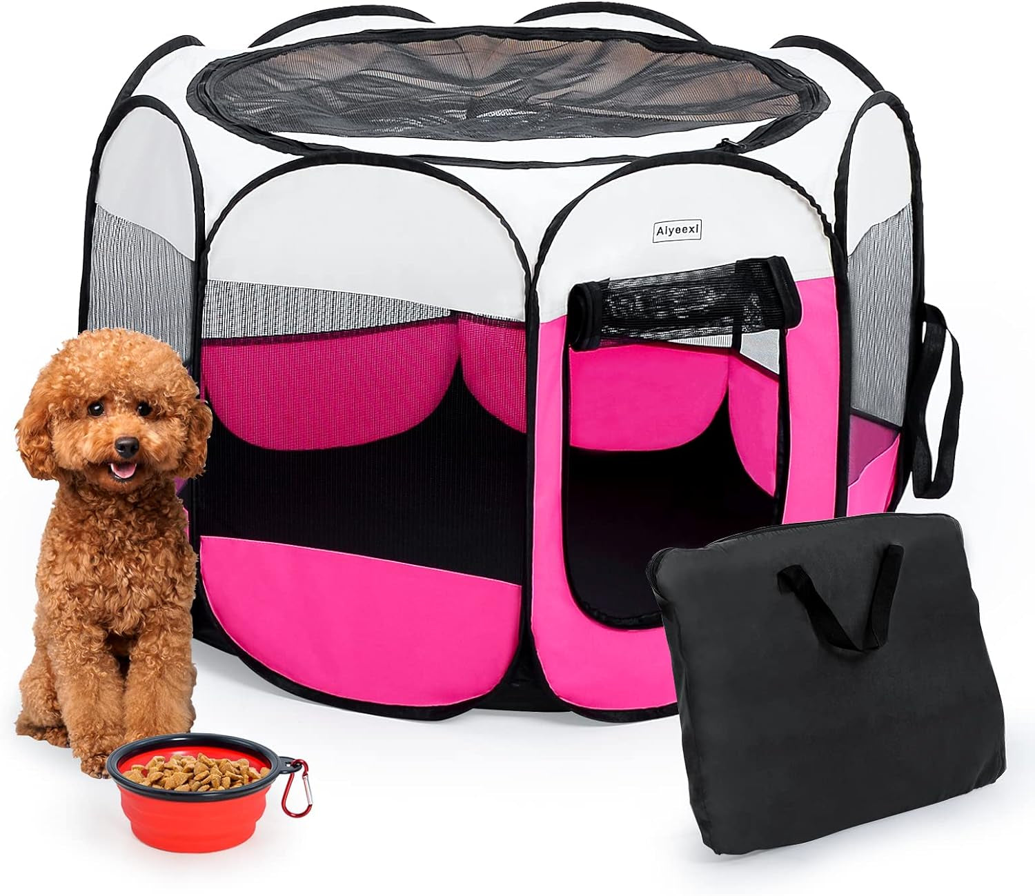 Portable Foldable Pet Playpen/Detachable Mesh Cover+Waterproof/Free Carrying Case+Free Travel Bowl/Indoor and Outdoor Use for Dog/Cat/Puppy/Rabbit