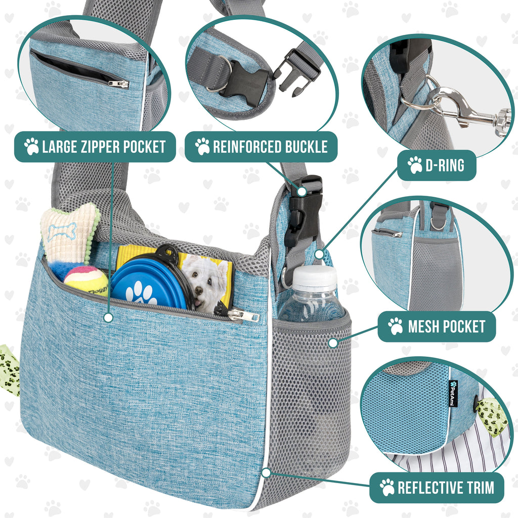 Small Dog Sling Carrier, Soft-Sided Crossbody Puppy Carrying Purse Bag, Adjustable Sling Pet Pouch to Wear Medium Dog Cat Travel, Dog Bag for Traveling, Breathable, Poop Bag Dispenser, Blue