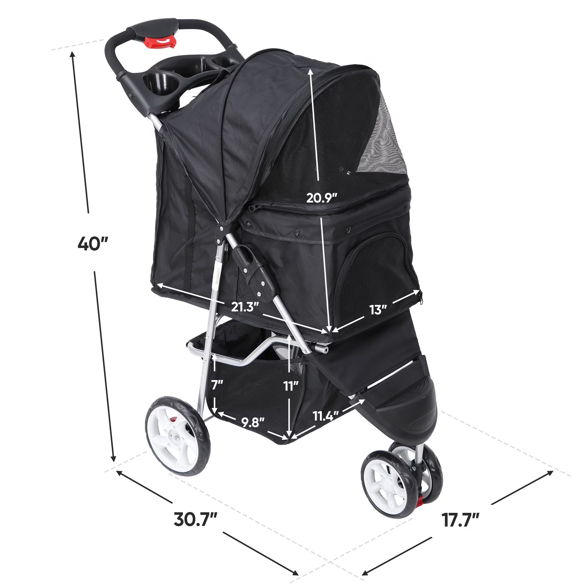 Foldable Dog Stroller 3 Wheels Pet Stroller for Dog / Cat Durable Travel Carrier with Storage Basket - Black