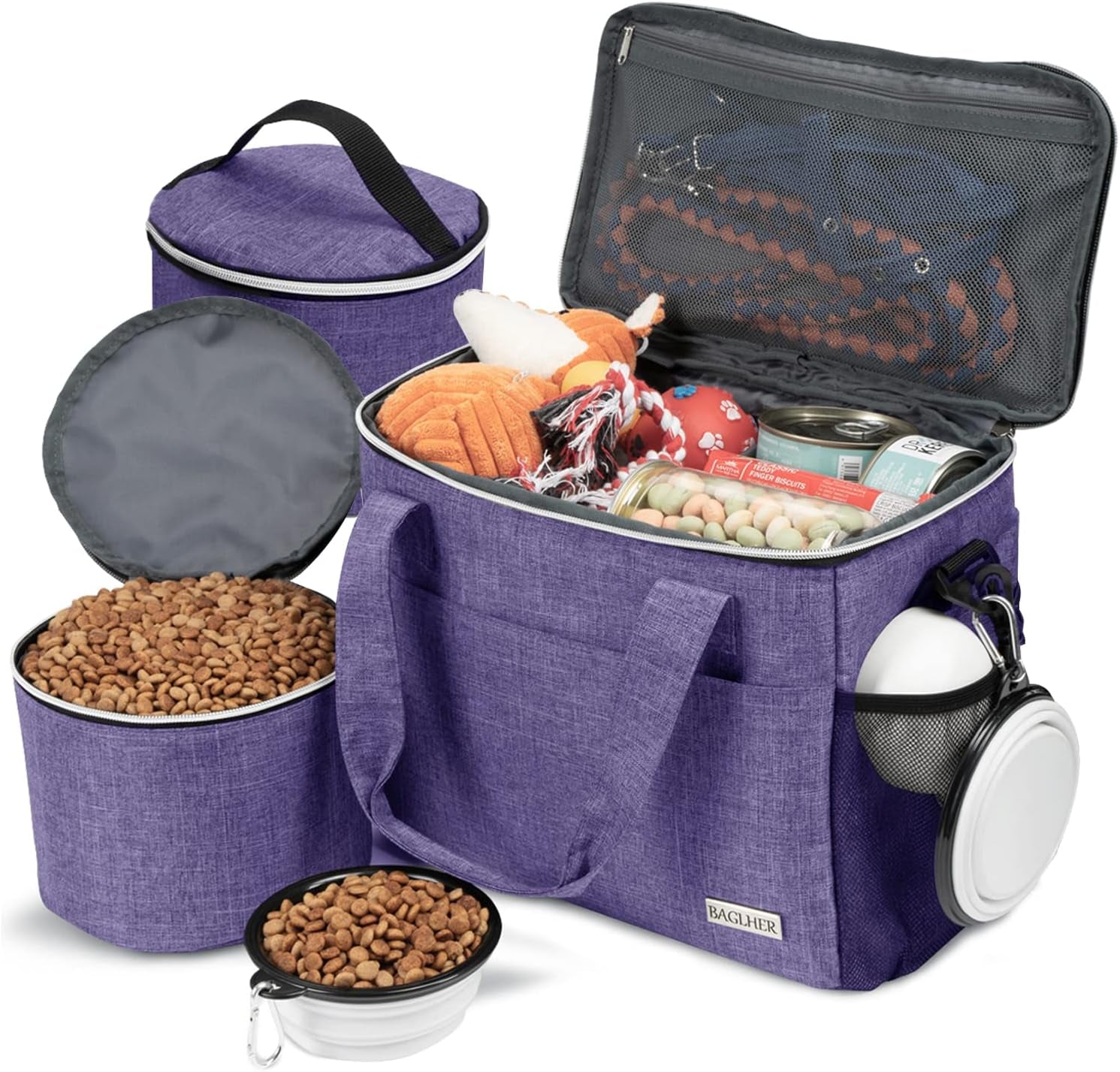 Dog Travel Bag for Supplies - Double-Layer Airline Approved Weekend Pet Travel Organizer Set for Dog and Cat Tote with 2 Pet Food Containers and 2 Collapsible Silicone Bowls Grey