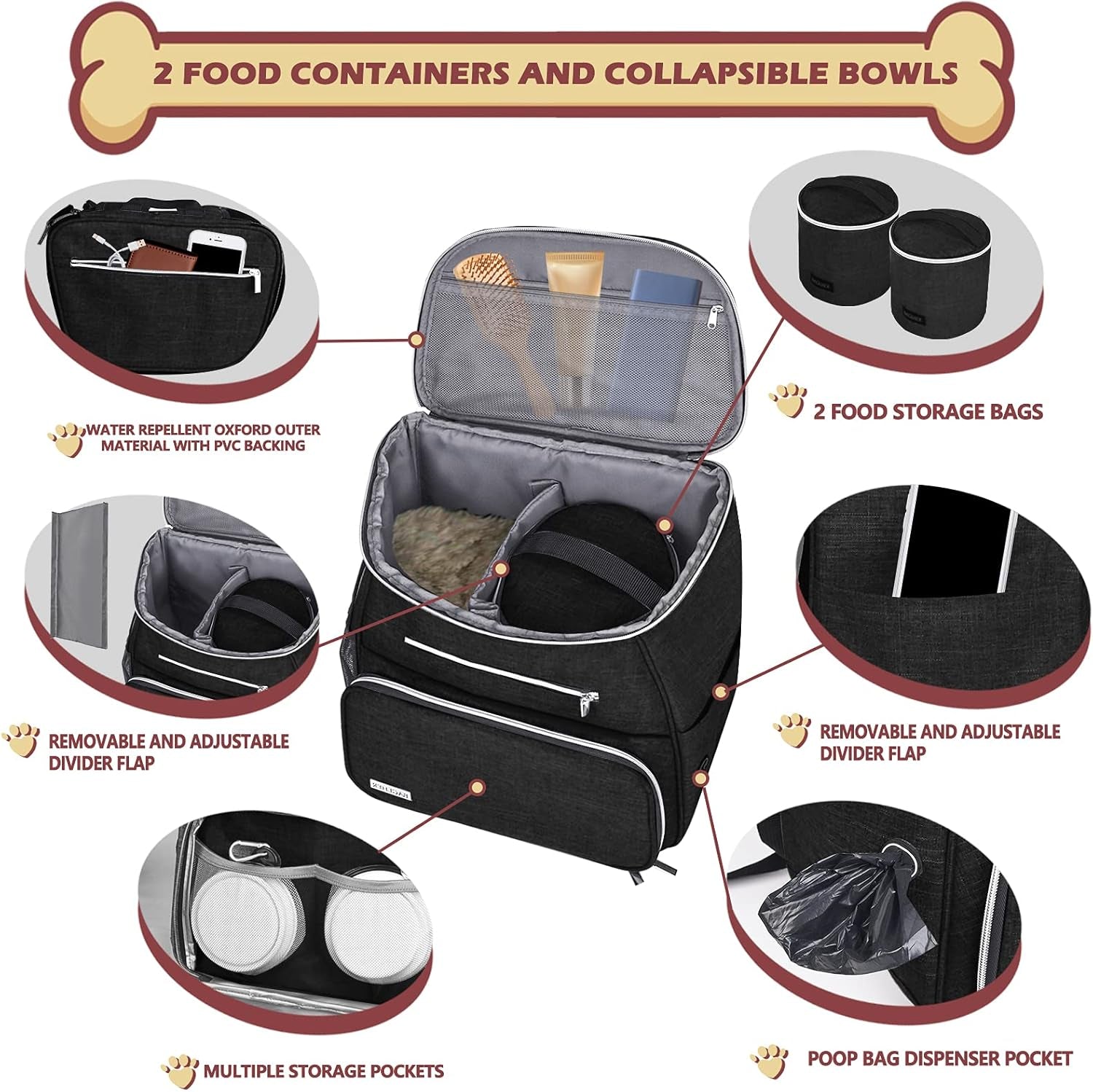 丨Dog Travel Bag Backpack, Airline Approved Pet Supplies Backpack, Dog Travel Backpack with 2 Silicone Collapsible Bowls and 2 Food Baskets. Black
