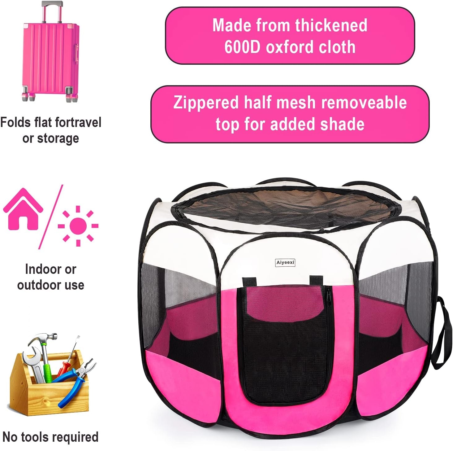 Portable Foldable Pet Playpen/Detachable Mesh Cover+Waterproof/Free Carrying Case+Free Travel Bowl/Indoor and Outdoor Use for Dog/Cat/Puppy/Rabbit