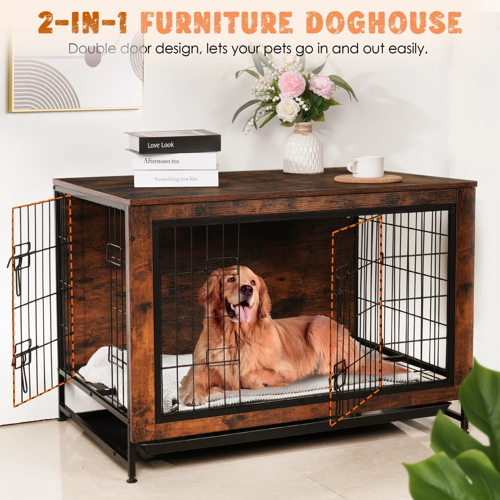 Dog Crate Furniture Kennel, Medium/Large Dog 38.5 Inch Doble Dog Crate with Storage Drawers, Modern Side End Table Indoor Wooden Dog House Heavy Duty for Brown