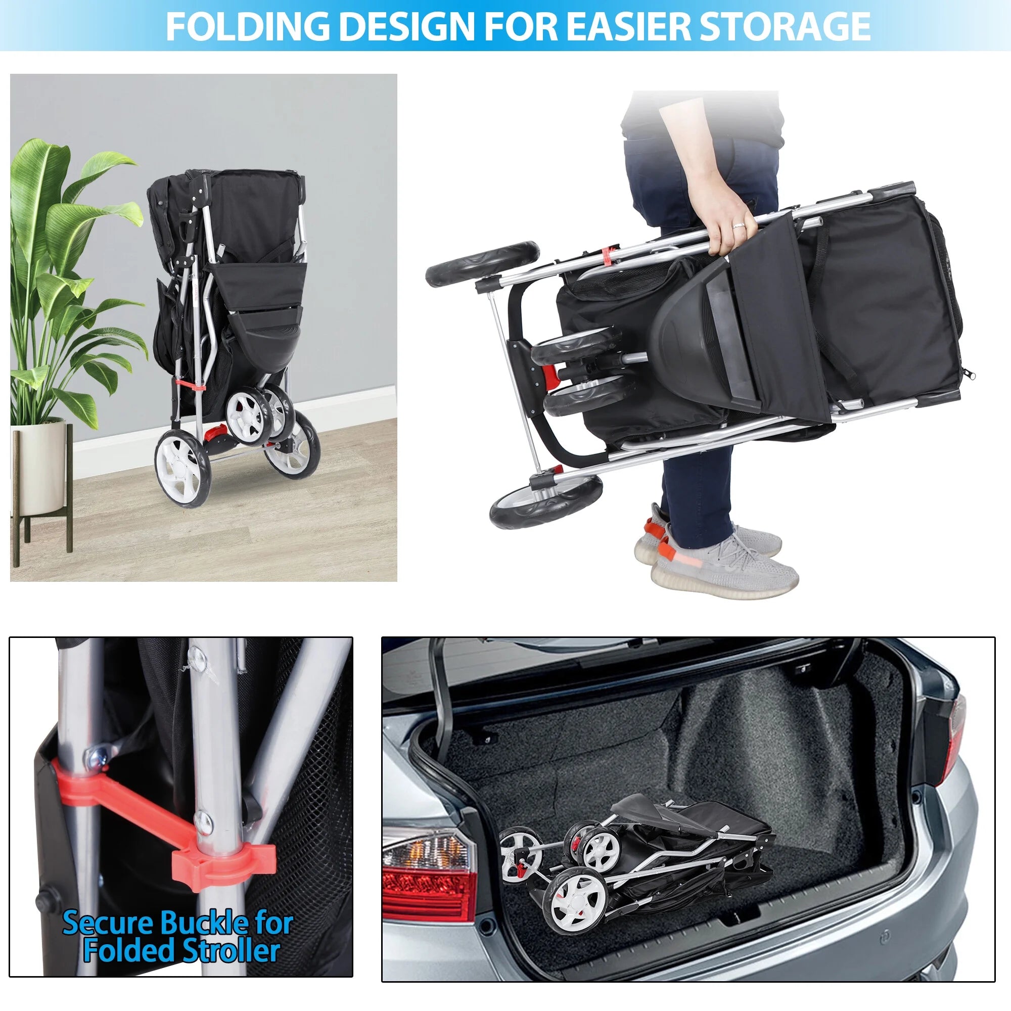 Foldable Dog Stroller 3 Wheels Pet Stroller for Dog / Cat Durable Travel Carrier with Storage Basket - Black