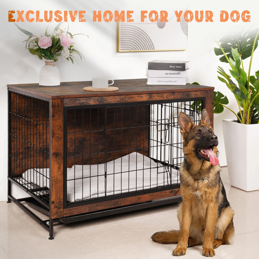 Dog Crate Furniture Kennel, Medium/Large Dog 38.5 Inch Doble Dog Crate with Storage Drawers, Modern Side End Table Indoor Wooden Dog House Heavy Duty for Brown