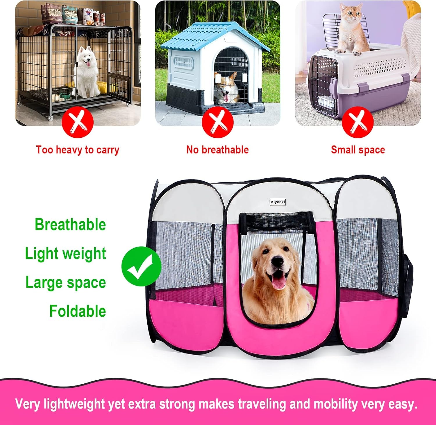 Portable Foldable Pet Playpen/Detachable Mesh Cover+Waterproof/Free Carrying Case+Free Travel Bowl/Indoor and Outdoor Use for Dog/Cat/Puppy/Rabbit