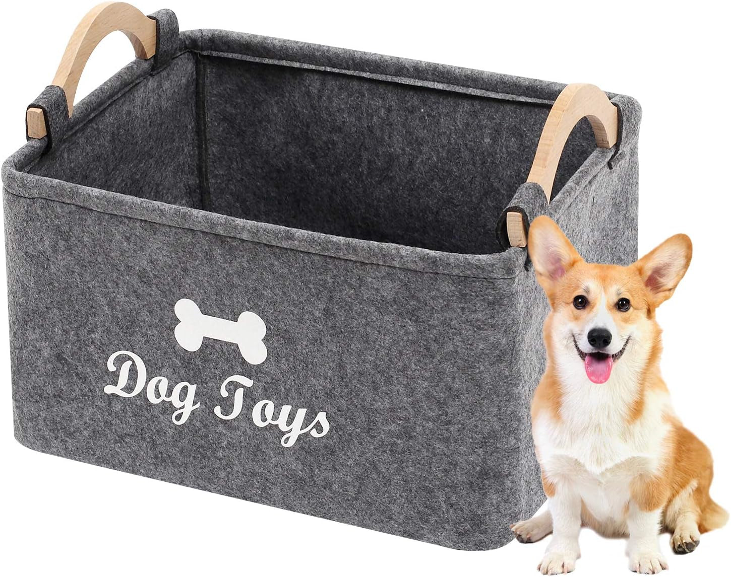 Dog Toys Storage Bins - with Wooden Handle,Decorative Basket Rectangular Soft Felt Storage Bin Organizer Basket Pet Supplies Storage Basket/Bin Kids Toy Chest Storage Trunk(Dog-Grey)