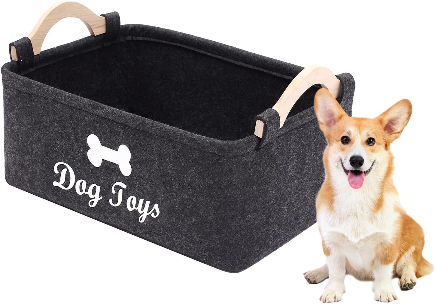 Dog Toys Storage Bins - with Wooden Handle,Decorative Basket Rectangular Soft Felt Storage Bin Organizer Basket Pet Supplies Storage Basket/Bin Kids Toy Chest Storage Trunk(Dog-Grey)
