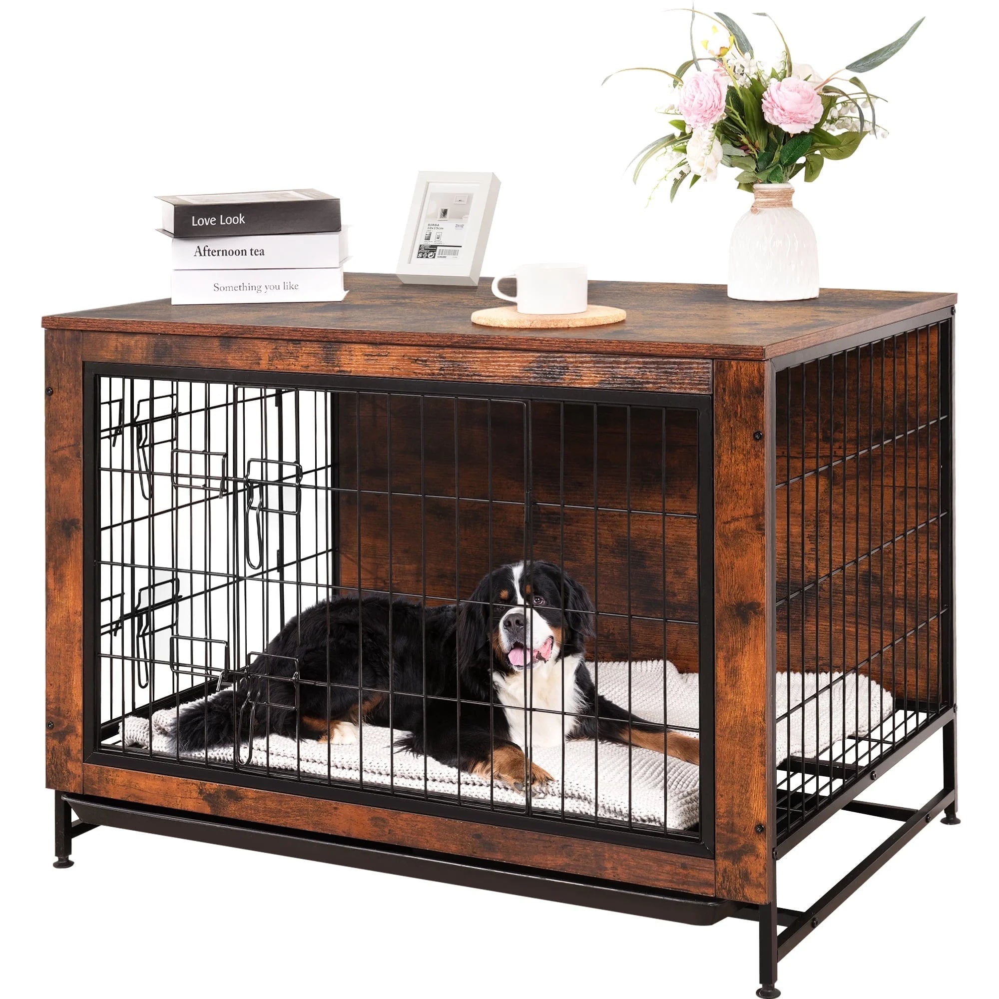 Dog Crate Furniture Kennel, Medium/Large Dog 38.5 Inch Doble Dog Crate with Storage Drawers, Modern Side End Table Indoor Wooden Dog House Heavy Duty for Brown