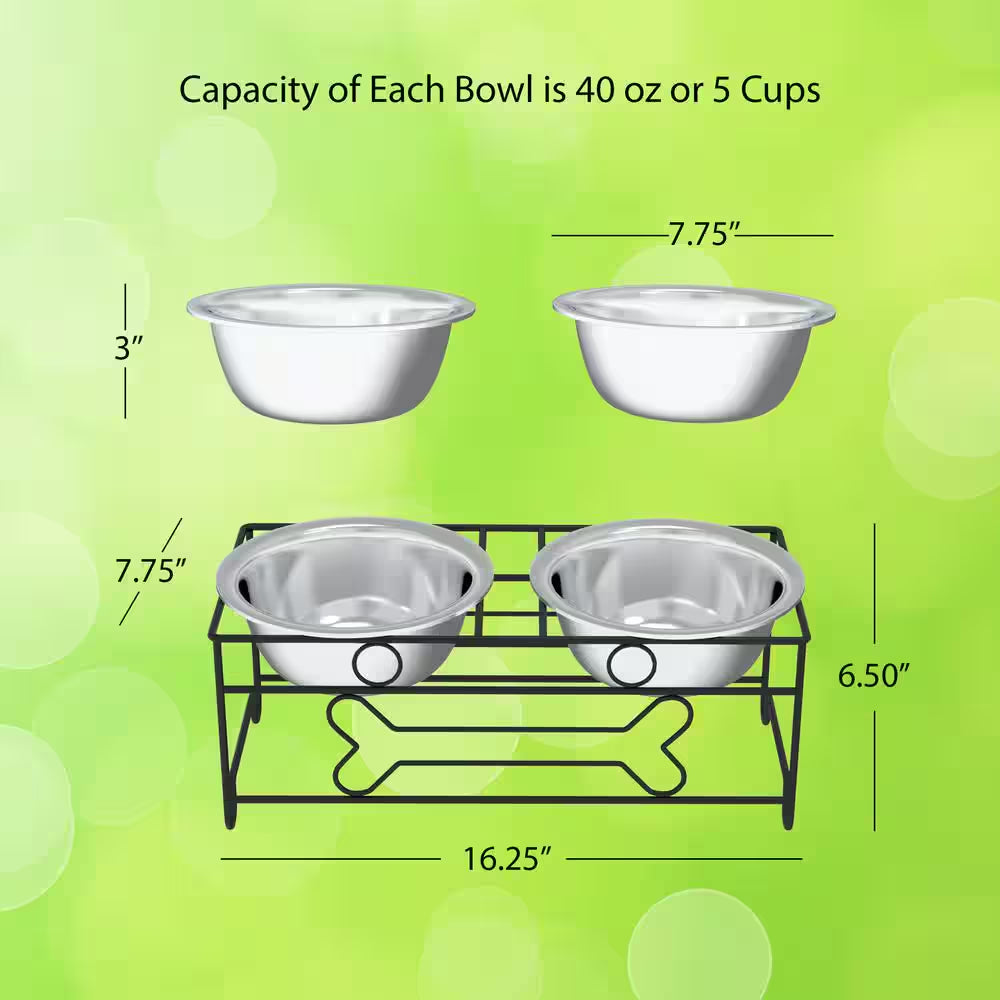 40 Oz. Stainless Steel Elevated Pet Bowls with 6.5 In. Tall Stand (Set of 2)