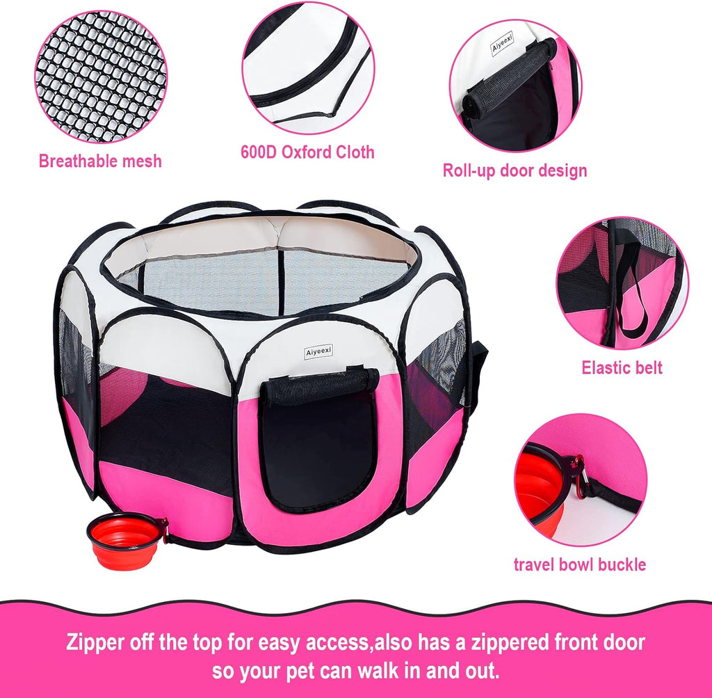 Portable Foldable Pet Playpen/Detachable Mesh Cover+Waterproof/Free Carrying Case+Free Travel Bowl/Indoor and Outdoor Use for Dog/Cat/Puppy/Rabbit