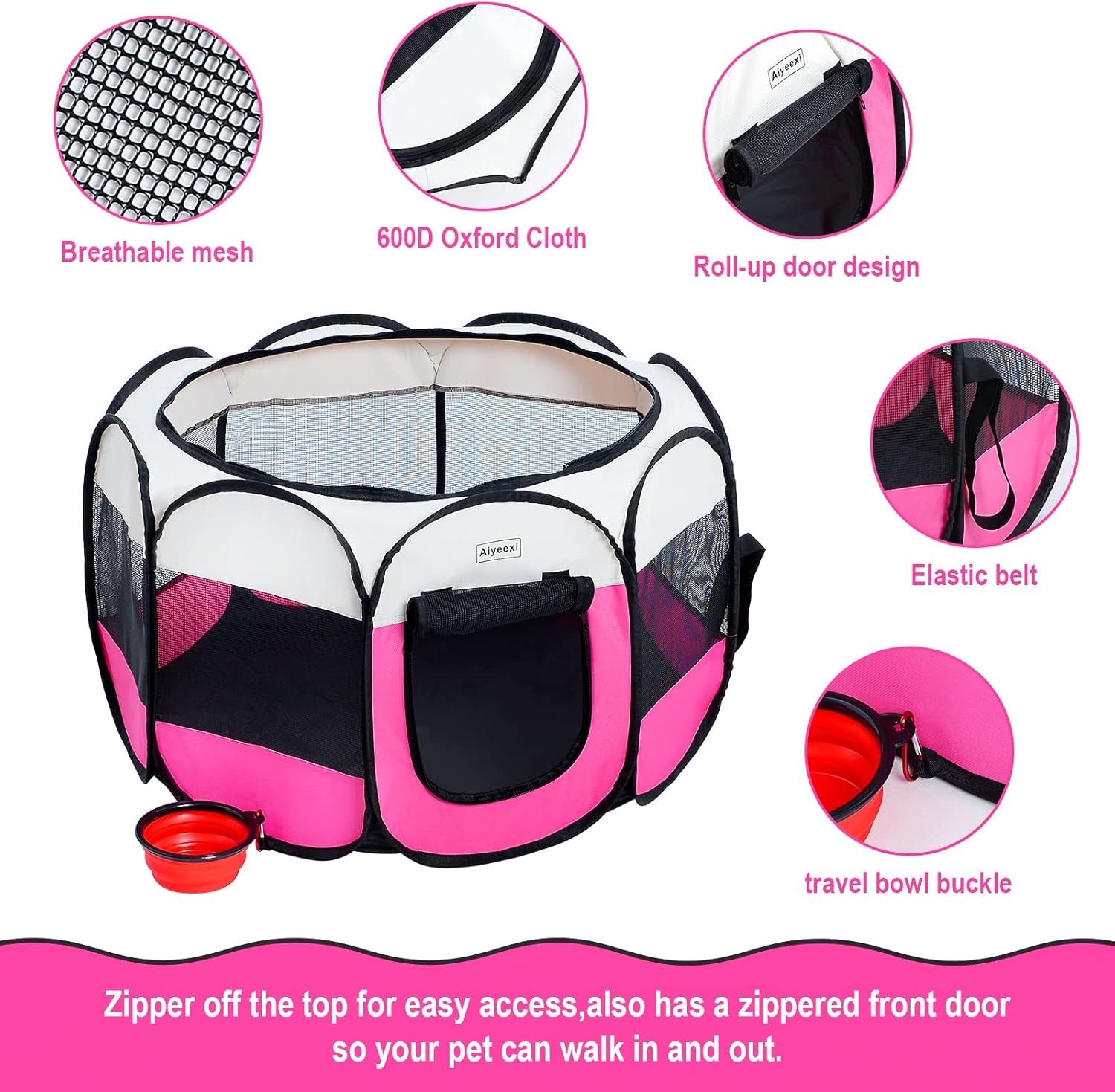 Portable Foldable Pet Playpen/Detachable Mesh Cover+Waterproof/Free Carrying Case+Free Travel Bowl/Indoor and Outdoor Use for Dog/Cat/Puppy/Rabbit