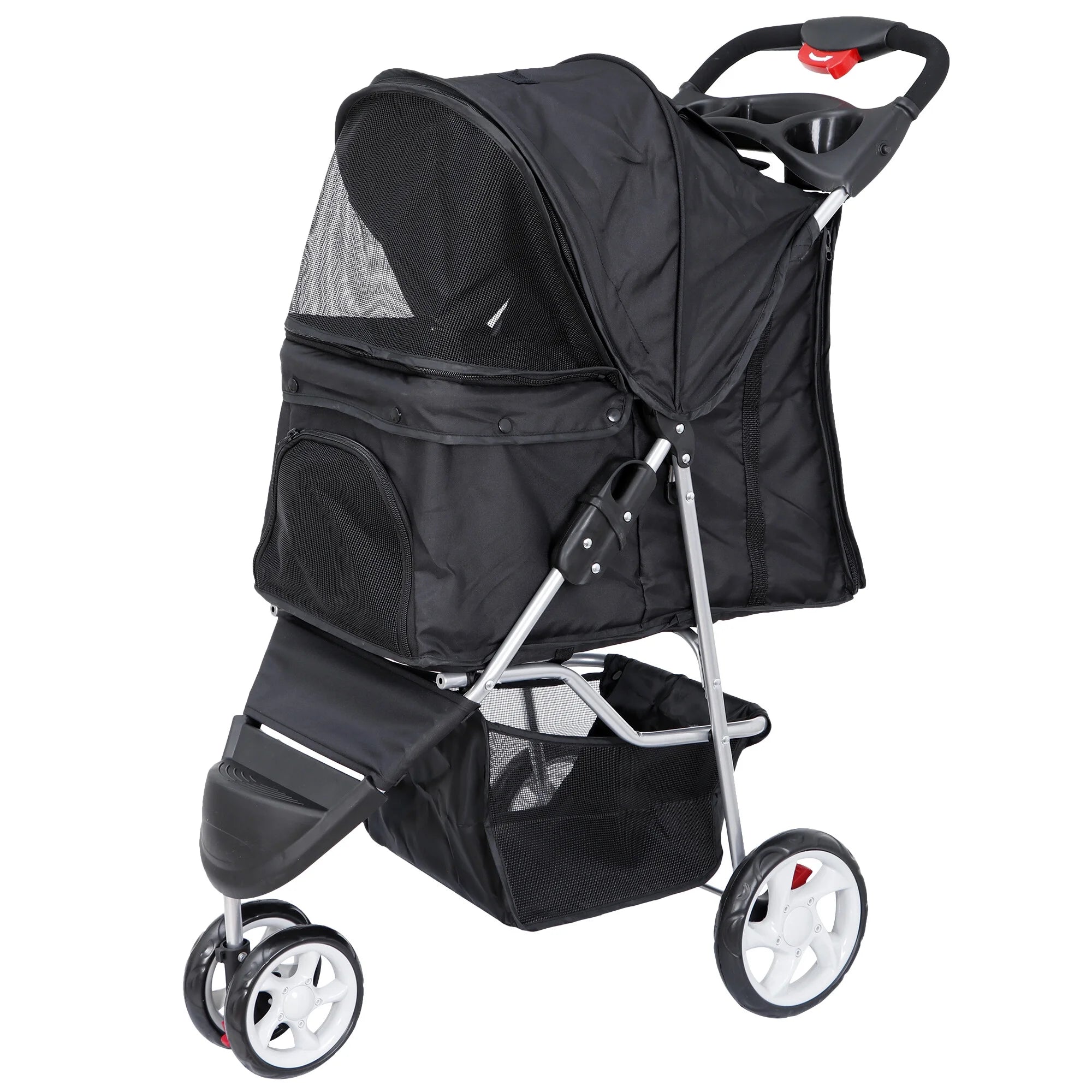 Foldable Dog Stroller 3 Wheels Pet Stroller for Dog / Cat Durable Travel Carrier with Storage Basket - Black