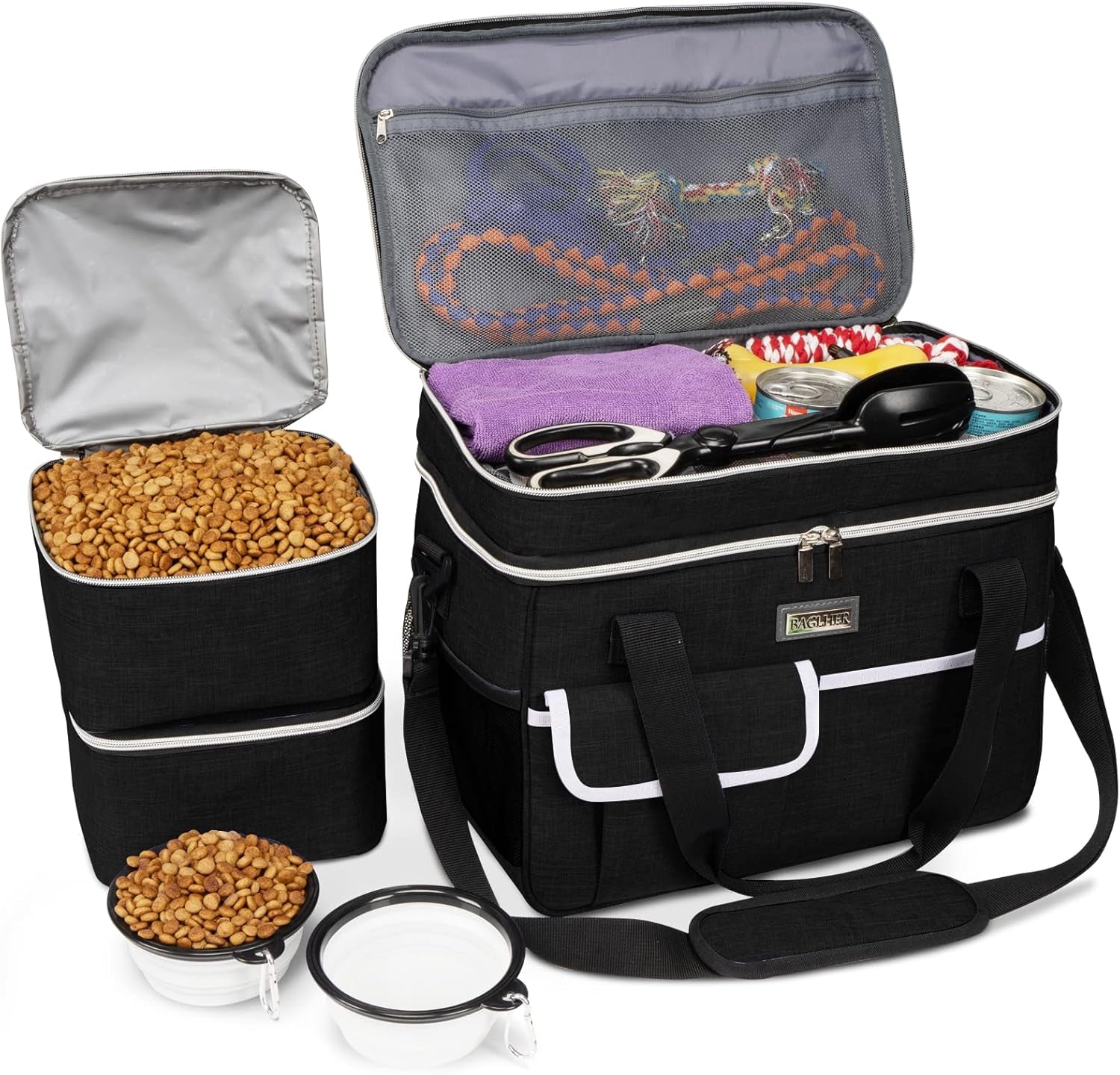 Dog Travel Bag for Supplies - Double-Layer Airline Approved Weekend Pet Travel Organizer Set for Dog and Cat Tote with 2 Pet Food Containers and 2 Collapsible Silicone Bowls Grey