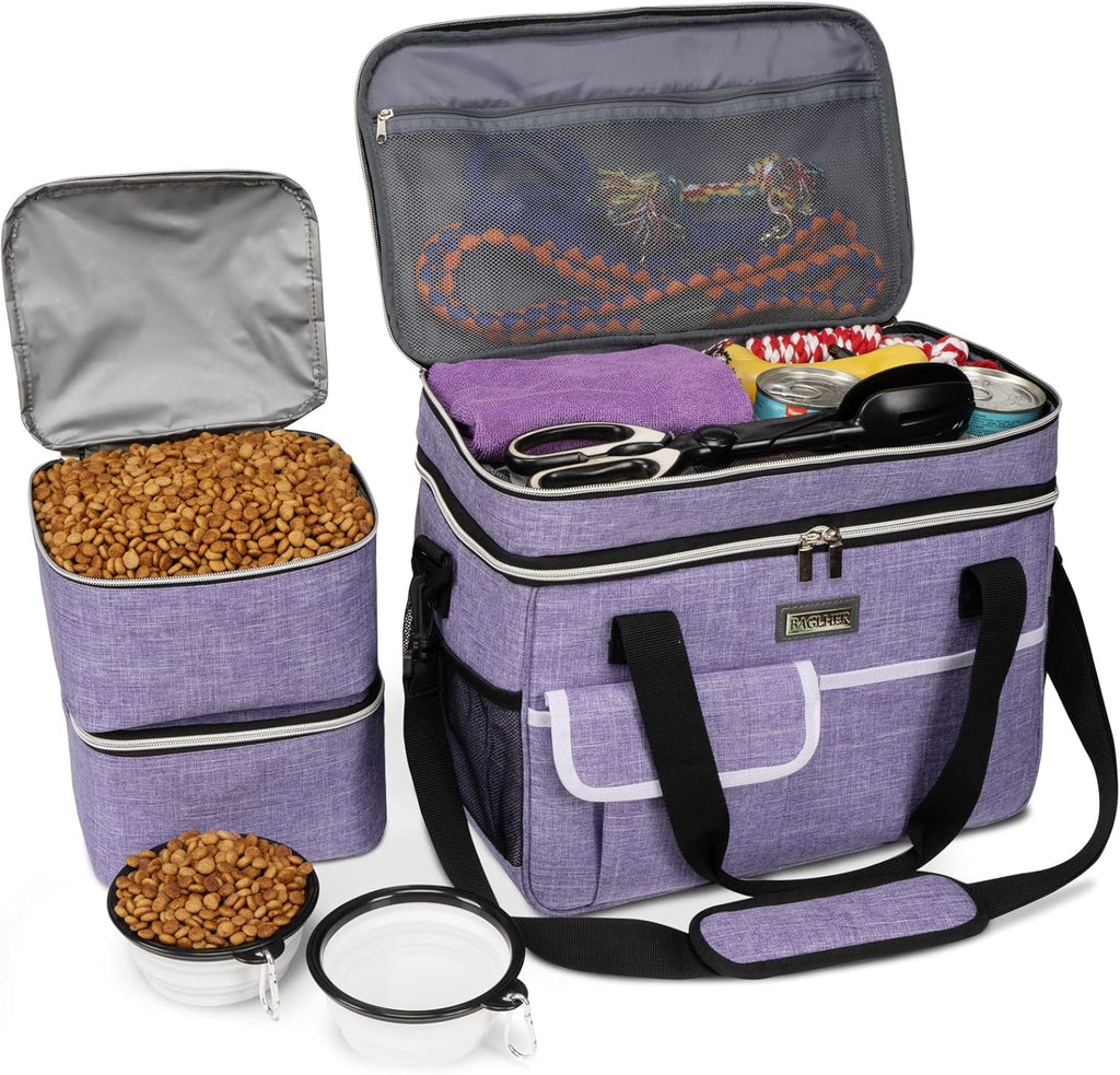 Dog Travel Bag for Supplies - Double-Layer Airline Approved Weekend Pet Travel Organizer Set for Dog and Cat Tote with 2 Pet Food Containers and 2 Collapsible Silicone Bowls Grey