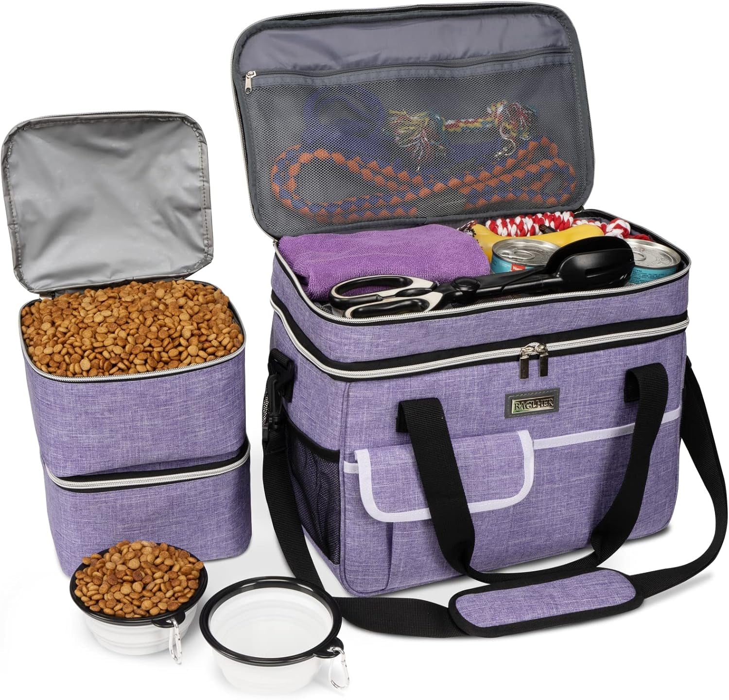 Dog Travel Bag for Supplies - Double-Layer Airline Approved Weekend Pet Travel Organizer Set for Dog and Cat Tote with 2 Pet Food Containers and 2 Collapsible Silicone Bowls Grey