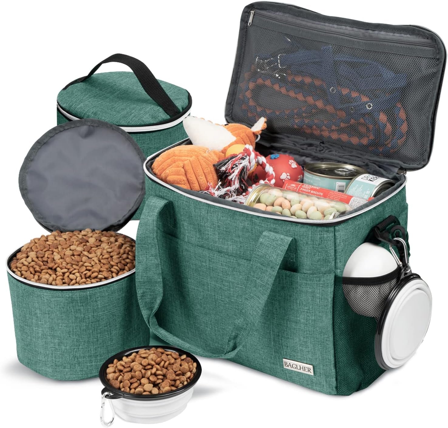 Dog Travel Bag for Supplies - Double-Layer Airline Approved Weekend Pet Travel Organizer Set for Dog and Cat Tote with 2 Pet Food Containers and 2 Collapsible Silicone Bowls Grey