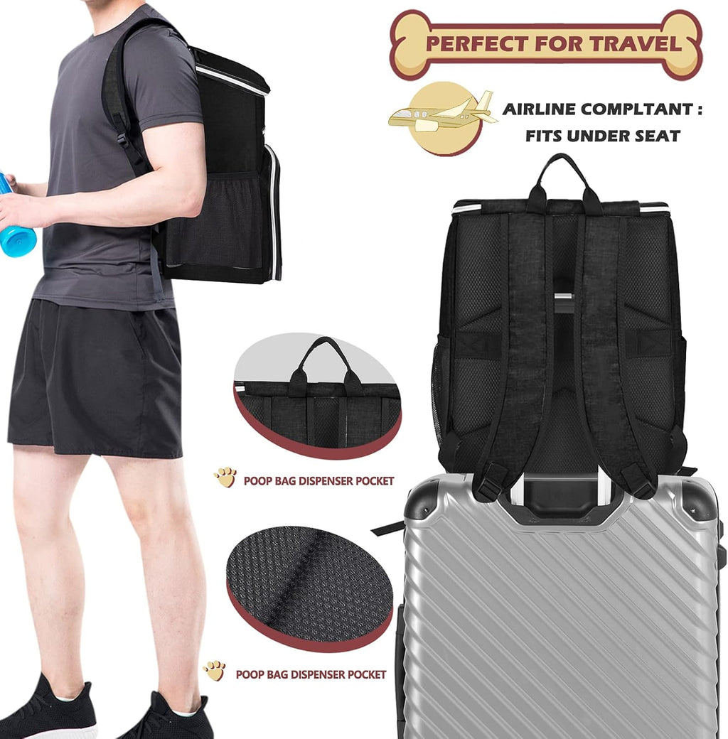 丨Dog Travel Bag Backpack, Airline Approved Pet Supplies Backpack, Dog Travel Backpack with 2 Silicone Collapsible Bowls and 2 Food Baskets. Black