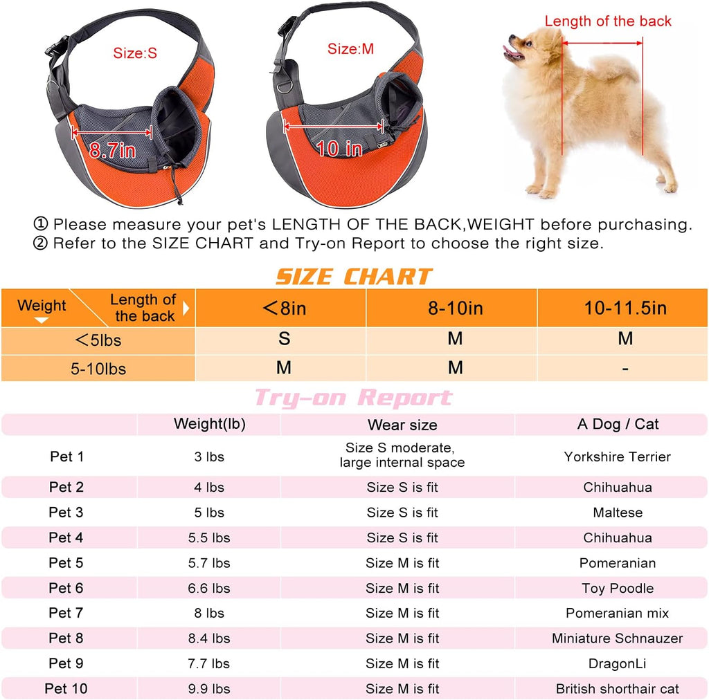 Pet Dog Sling Carrier Adjustable Strap, Zipper Opening Can Soothe Pets, Free Hands Puppy Sling Bag with Safety Leash, Small Dog Crossbody Bag for Outdoor Travel (M (Up to 10 Lbs),Orange)