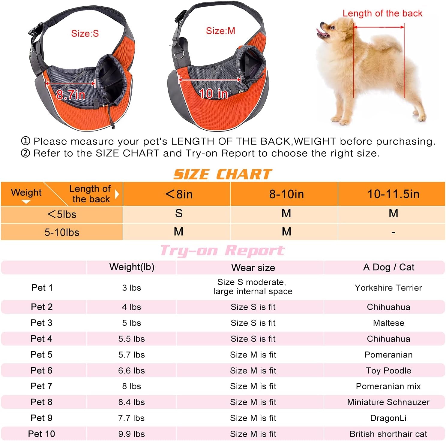 Pet Dog Sling Carrier Adjustable Strap, Zipper Opening Can Soothe Pets, Free Hands Puppy Sling Bag with Safety Leash, Small Dog Crossbody Bag for Outdoor Travel (M (Up to 10 Lbs),Orange)