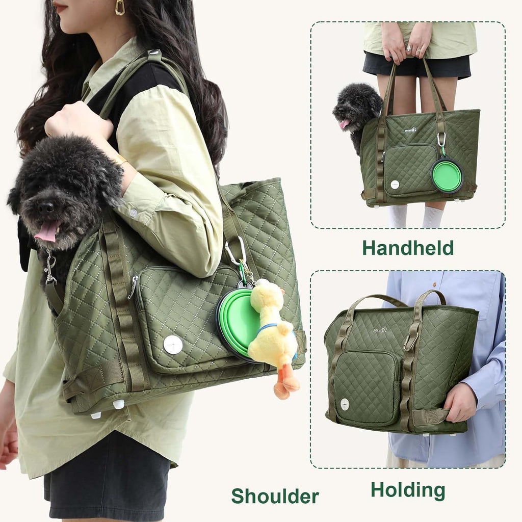Dog Purse Carrier, Dog Carrier with Pockets for Small Dogs, Fits Dogs 5.5 Lbs to 11 Lbs, Cat and Puppies Tote Bag, Outing, Travel, Vet, Green