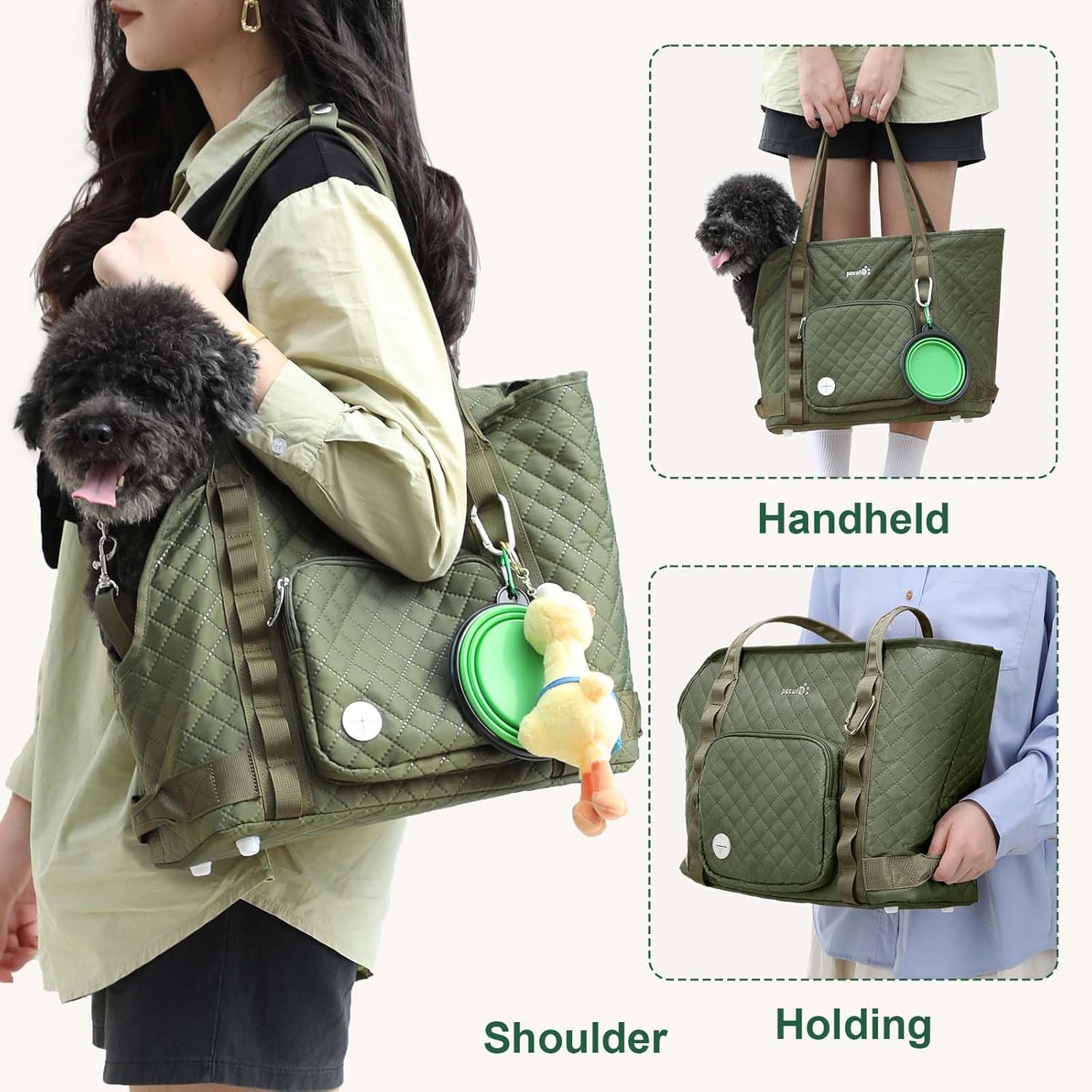 Dog Purse Carrier, Dog Carrier with Pockets for Small Dogs, Fits Dogs 5.5 Lbs to 11 Lbs, Cat and Puppies Tote Bag, Outing, Travel, Vet, Green